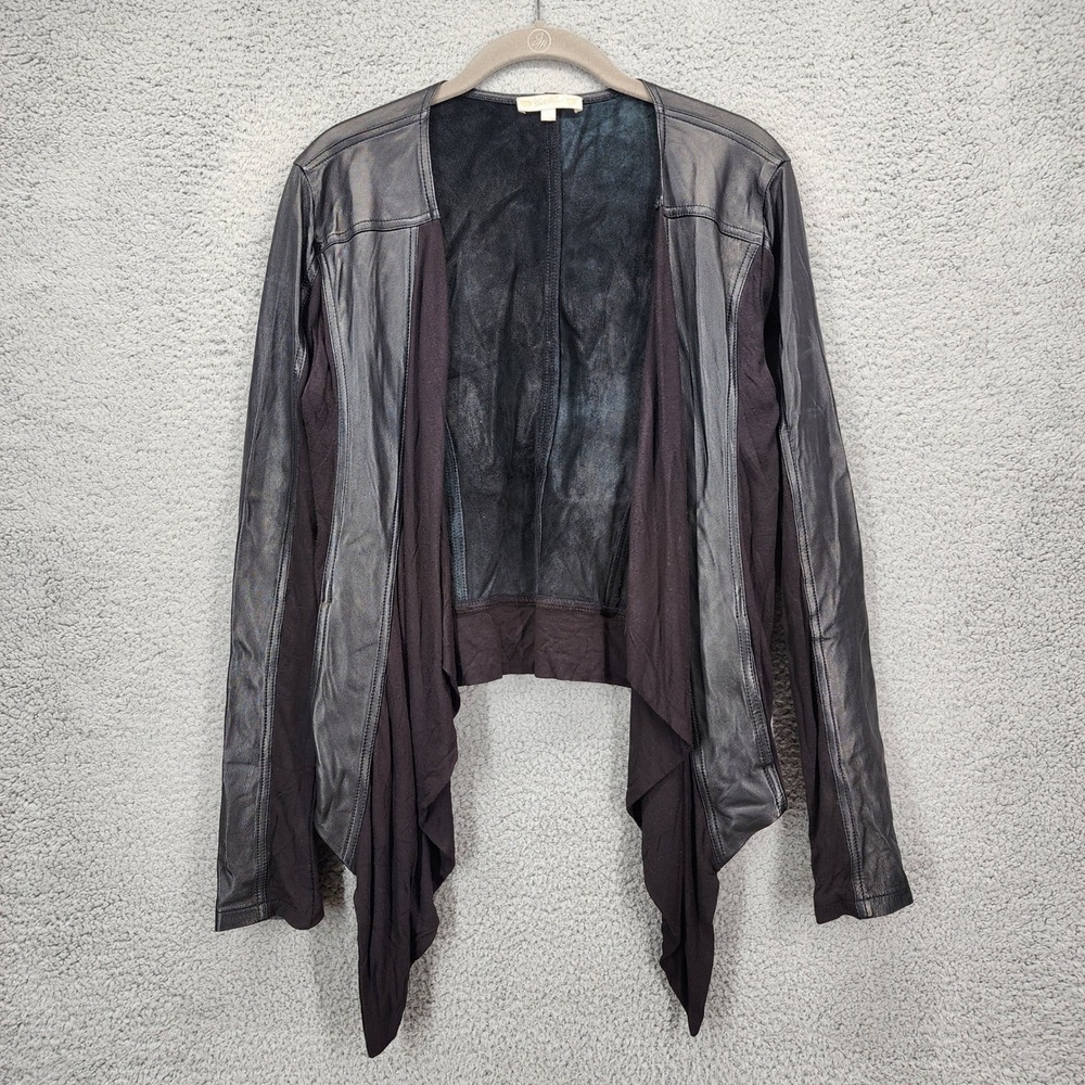 Gold Hawk Womens Small Black Leather Trim Open Front Draped Cardigan Jacket